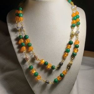 Orange Green Dbl Necklace Rhinestone Different Color Outside 20.5 In Inside 17.5